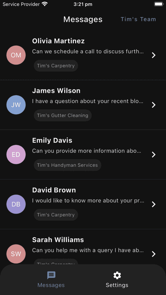 Contactable inbox listing new website leads with the sender name and message preview